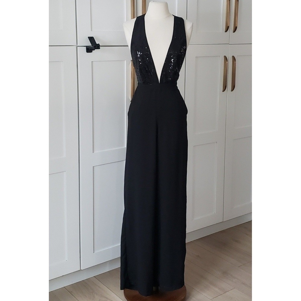 Lulus Jumpsuit Womens XS Black Deep V Sequin Bodice Wide Leg Disco Heaven - Picture 2 of 12